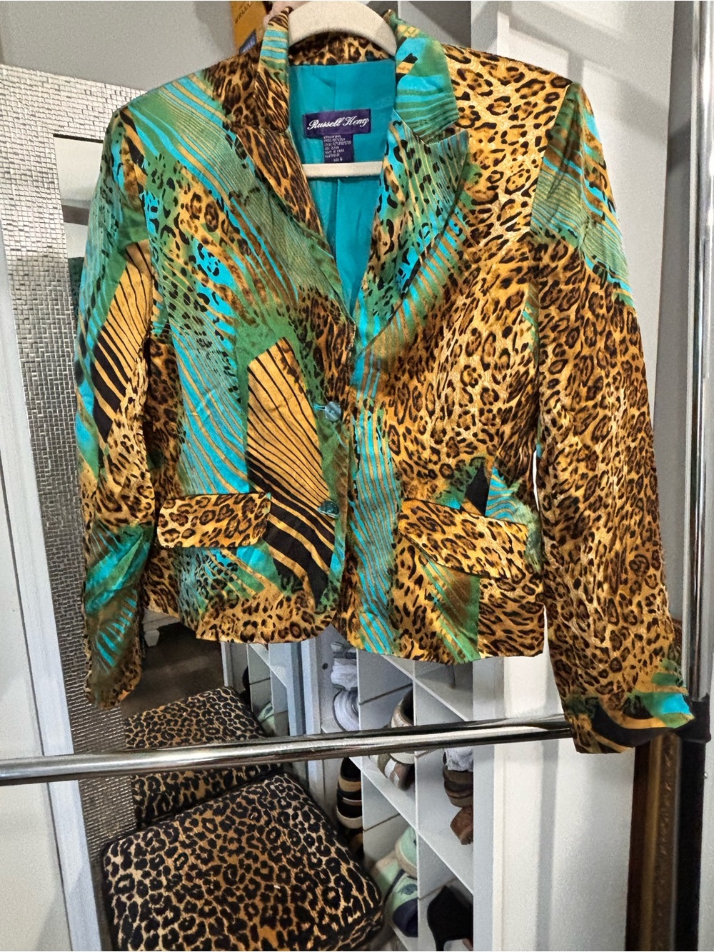 Silk Russell Kemp Turquoise and Gold Animal Print Blazer